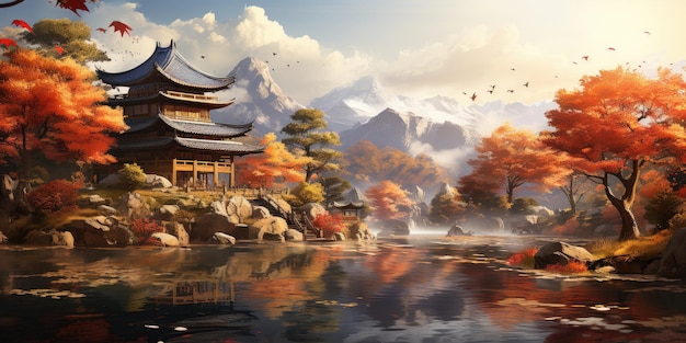 Illustration Beautiful autumn in the Chinese village High quality photo Generative AI