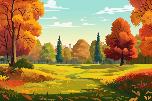 Illustration of a beautiful autumn landscape with a forest and a path generative ai