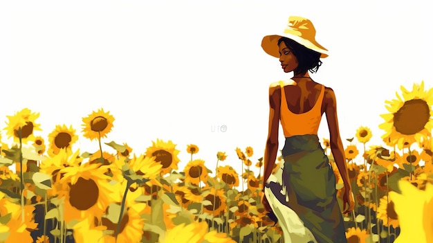 illustration of A beautiful black women walking in the sunflo Generative ai