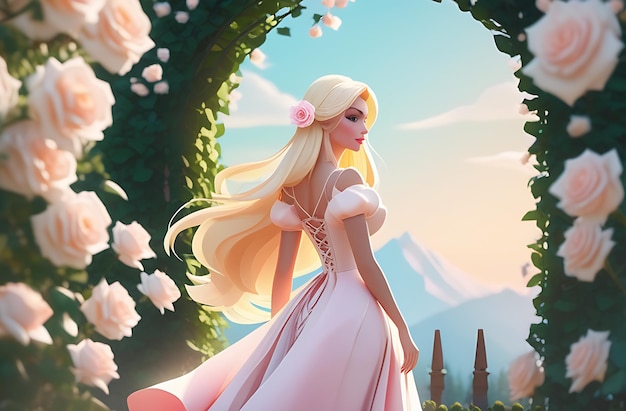 Illustration of a beautiful blonde princess on the background of a window with a lovely landscape