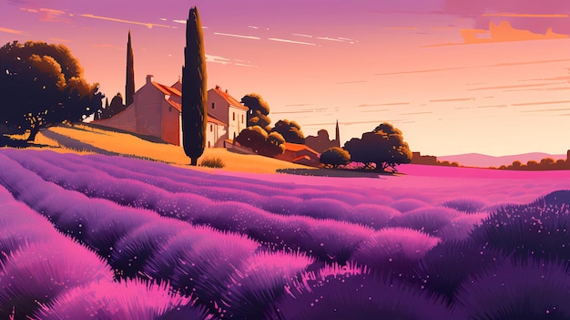 Illustration of beautiful blooming lavender fields in Provence France