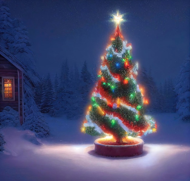 조명과 선물로 장식된 아름다운 크리스마스 트리 그림 소나무 크리스마스
