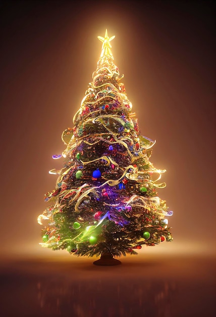 ILLUSTRATION OF BEAUTIFUL CHRISTMAS TREE DECORATED WITH LIGHTS AND GIFTS PINE TREE CHRISTMAS