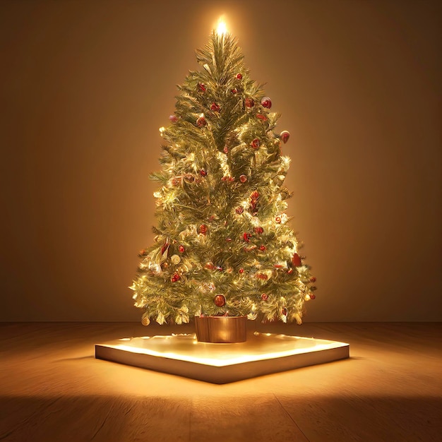 ILLUSTRATION OF BEAUTIFUL CHRISTMAS TREE DECORATED WITH LIGHTS AND GIFTS PINE TREE CHRISTMAS