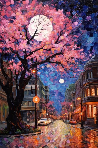 Foto illustrazione di una bella città di notte in stile pittura a mosaico creata con la tecnologia generative ai