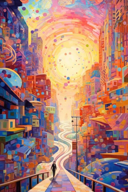 Foto illustrazione di una bella città di notte in stile pittura a mosaico creata con la tecnologia generative ai