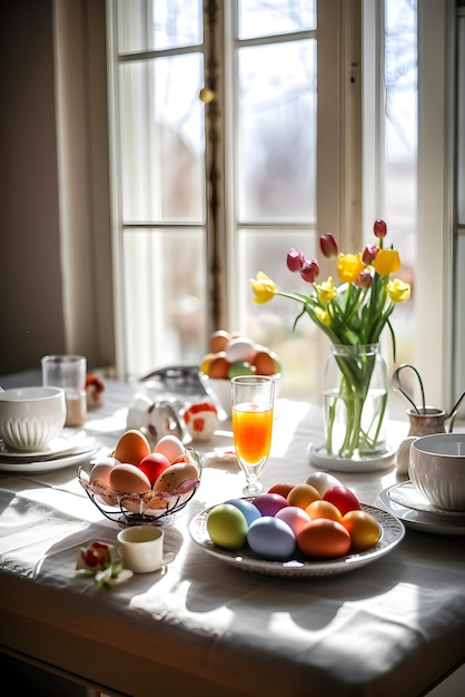 Illustration of beautiful Easter sunday breakfast near the window Easter morning with food painted eggs and flowers Generative AI