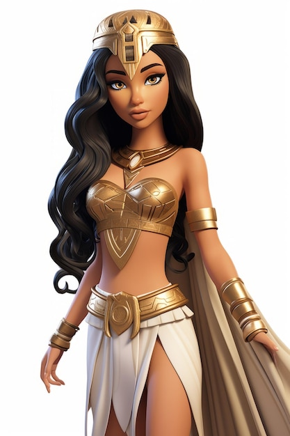 Photo an illustration of a beautiful egyptian queen with long black hair wearing a golden outfit and a headdress