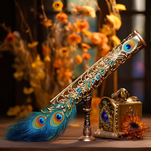 illustration of Beautiful flute with peacock feather