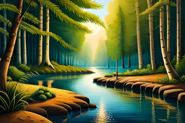 Иллюстрация красивого лесного пейзажа с рекой и бамбуковыми деревьями, генерирующими ai