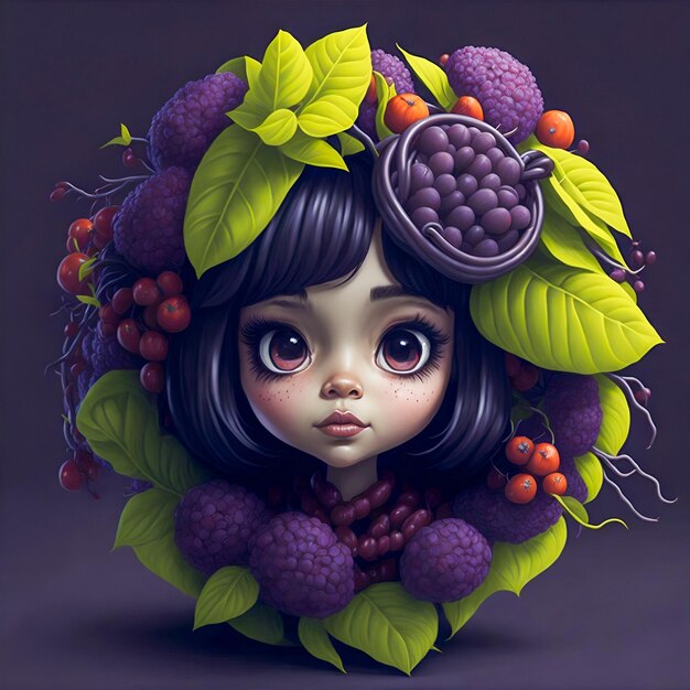 Illustration of beautiful girl in fruit frame round design