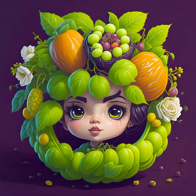 Illustration of beautiful girl in fruit frame round design