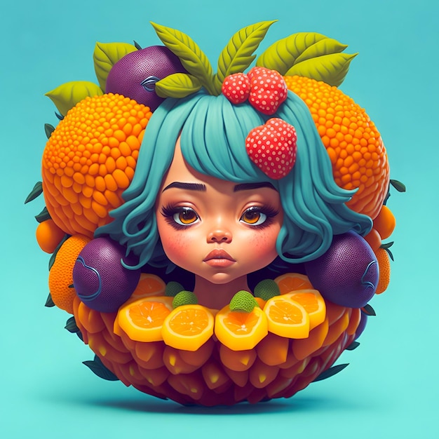 Illustration of beautiful girl in fruit frame round design