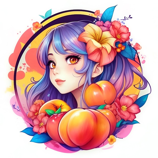 Illustration of beautiful girl in fruit frame round design