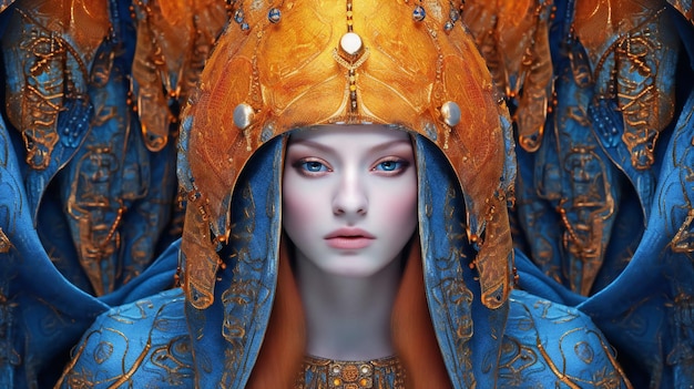 Illustration of a beautiful girl in a golden crown with blue eyes