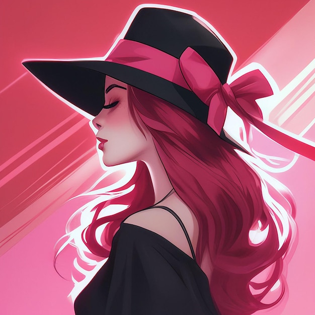 Illustration of a beautiful girl in a hat and black dress