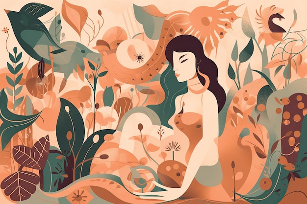 illustration of a beautiful girl in a long dress on the background of nature