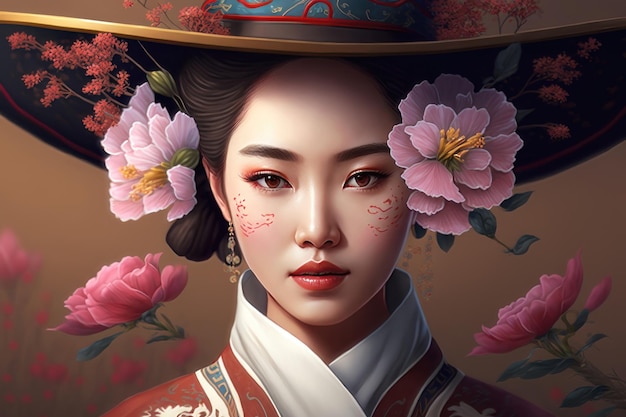 Illustration of a beautiful girl wearing a hat Korean traditional hat decorating with flowers AI generation