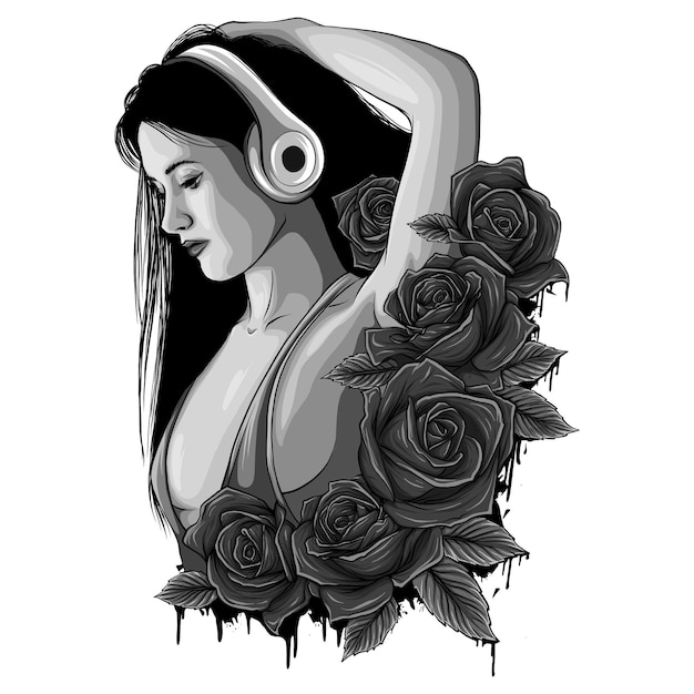 Photo illustration beautiful girl with headphones and roses