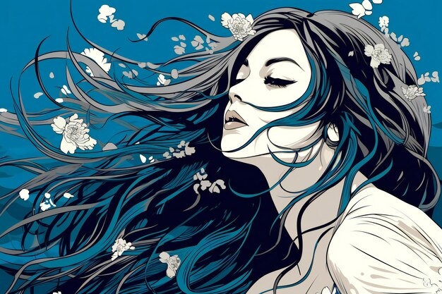 Illustration of a beautiful girl with long hair and flowers in her hair