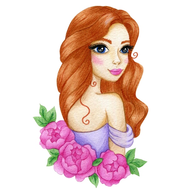 Illustration of a beautiful girl with peonies