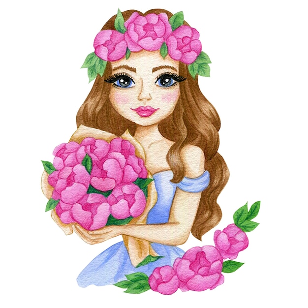 Illustration of a beautiful girl with peonies