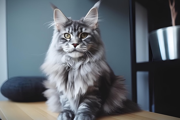 Illustration of a beautiful grey maine coon cat sitting on a table Generative AI content