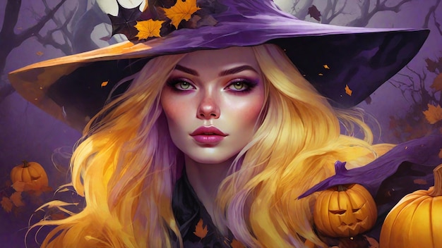 Illustration of a beautiful halloween witch halloween witch with pumpkins