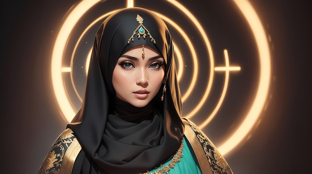 Illustration of Beautiful Hijab Woman Black Gold Series 03