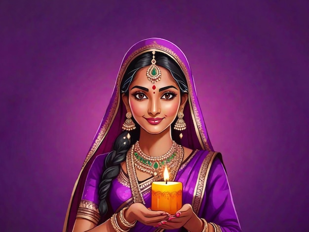 Illustration of beautiful Indian woman with traditional clothes and candle on a purple background