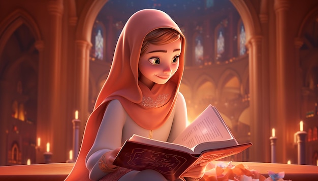 Иллюстрация красивой исламской женщины, читающей Коран в мечети