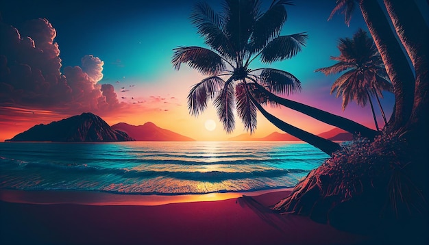 Illustration of a beautiful landscape view of the seashore with palm trees at sunset Generative AI