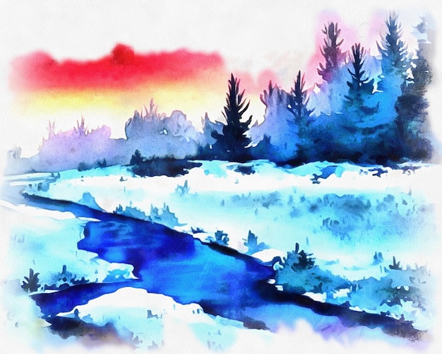 Illustration of beautiful landscape in watercolor painting style on paper canvas Generative AI