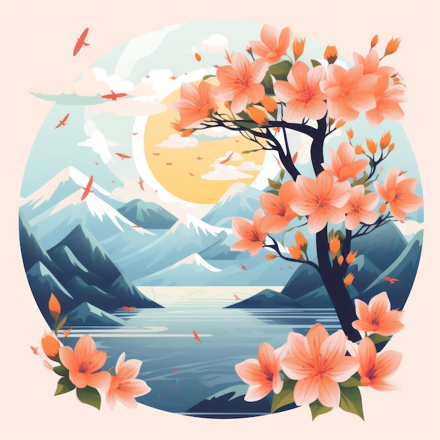 an illustration of a beautiful landscape with flowers and mountains