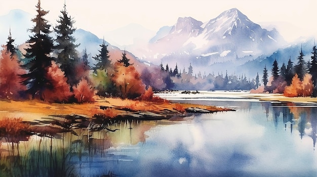 Illustration of beautiful landscape with mountains and lakes in watercolor aquarelle generative ai
