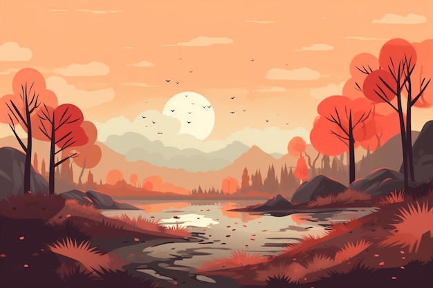 Illustration of a beautiful landscape with a river and trees generative ai