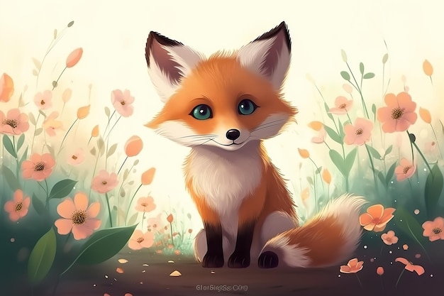 Illustration OF BEAUTIFUL little fox IN flowers forest children's style fairy tale generative ai