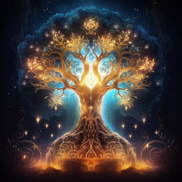 illustration of beautiful magical tree of life with shining runes