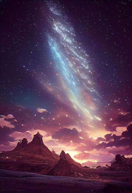 Illustration a beautiful milky way star and green aurora dancing over the mountain