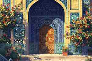 Photo illustration of a beautiful mosque entrance the mosque is decorated with islamic patterns