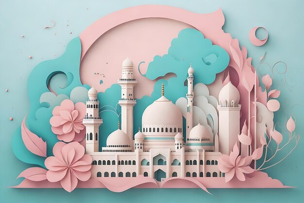 Illustration of a Beautiful Mosque in Soft Colors