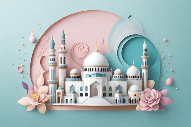 Illustration of a Beautiful Mosque in Soft Colors