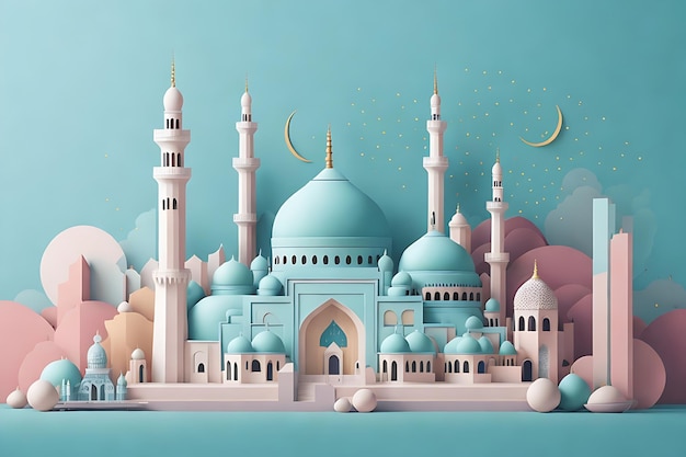 Illustration of a Beautiful Mosque in Soft Colors