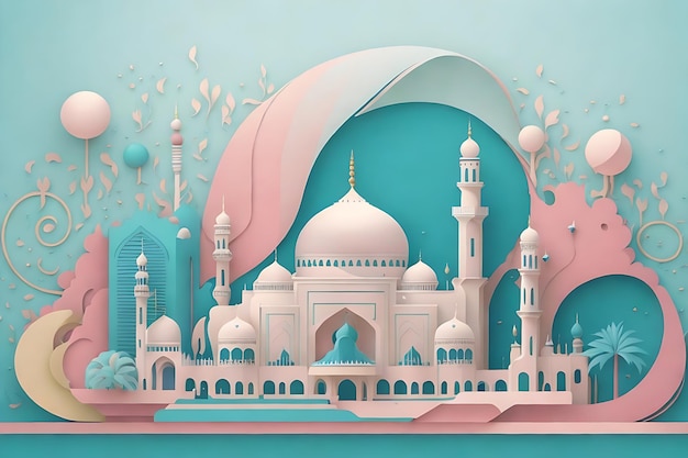 Illustration of a Beautiful Mosque in Soft Colors