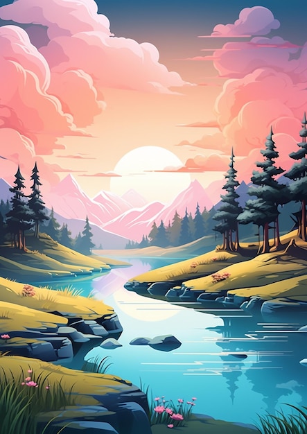 illustration of a beautiful mountain landscape with a river and trees generative ai