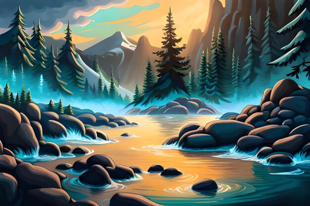 Иллюстрация красивой горной реки в лесу на закате, генеративный ai