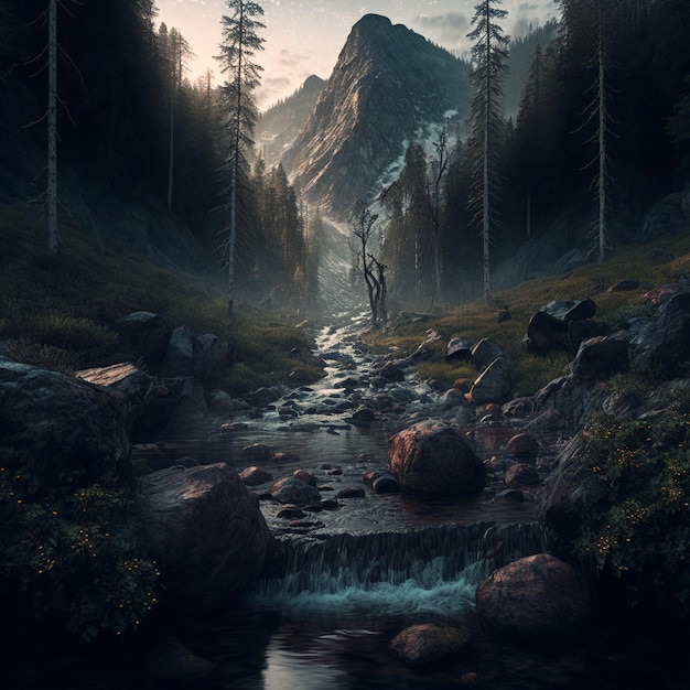 Illustration of a beautiful mountain stream in the style of Realism