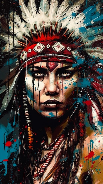 Illustration of a beautiful Native American woman wearing a plume on her head