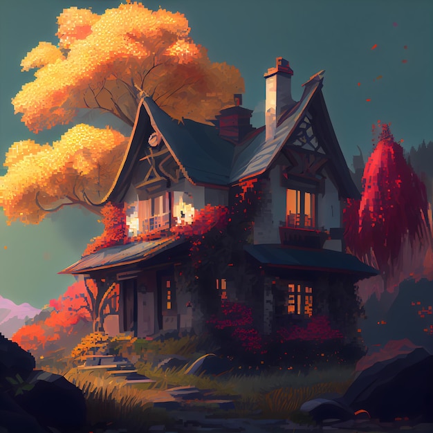 Illustration of a beautiful old house in the autumn forest Digital painting