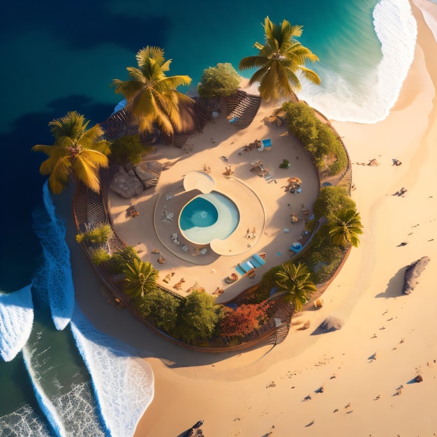 Illustration of beautiful paradise island top view with sea